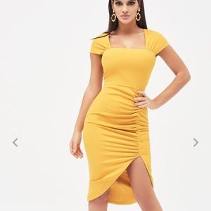 square neck ruched midi dress mustard yellow